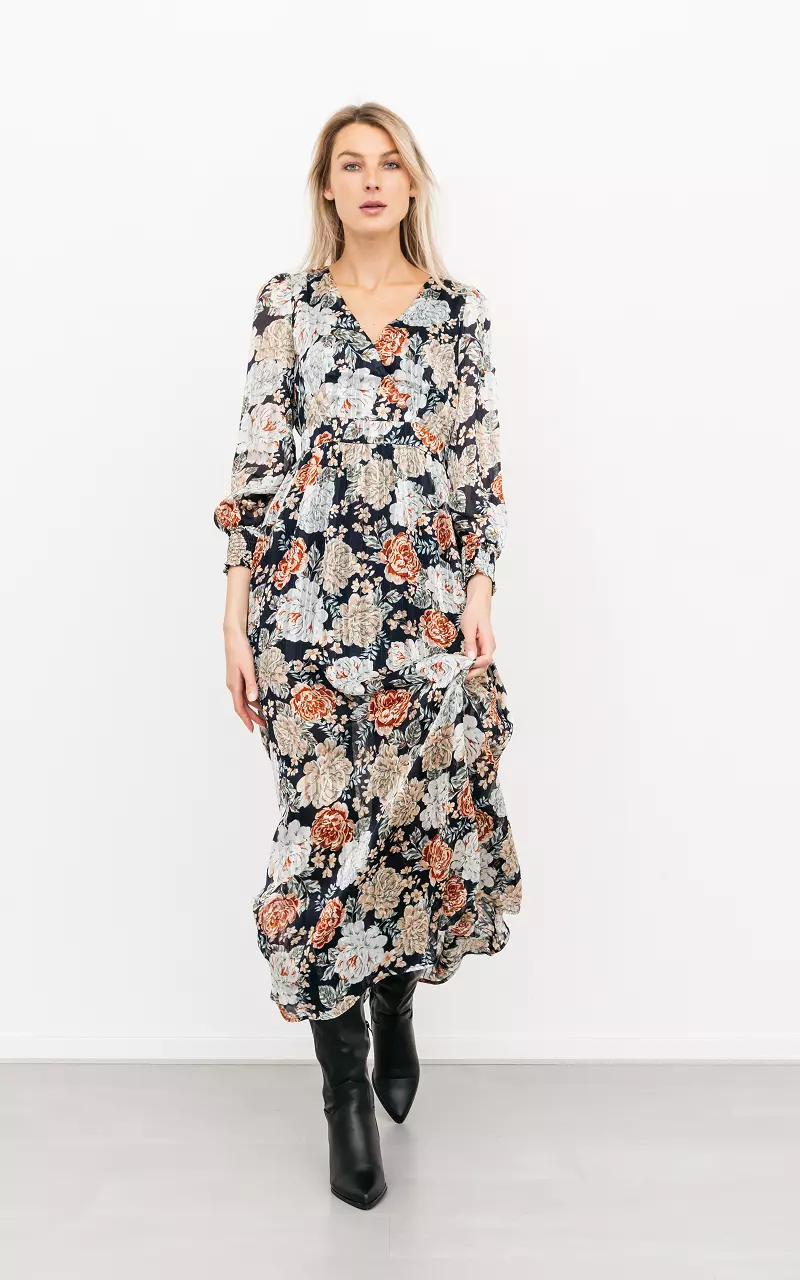 Maxi jurk met bloemenprint en split Donkerblauw Wit