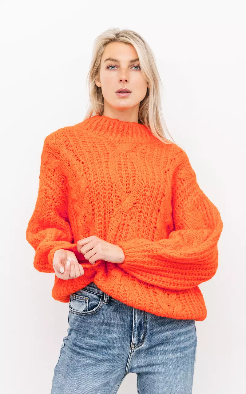 Chunky knit sweater with round neck Orange