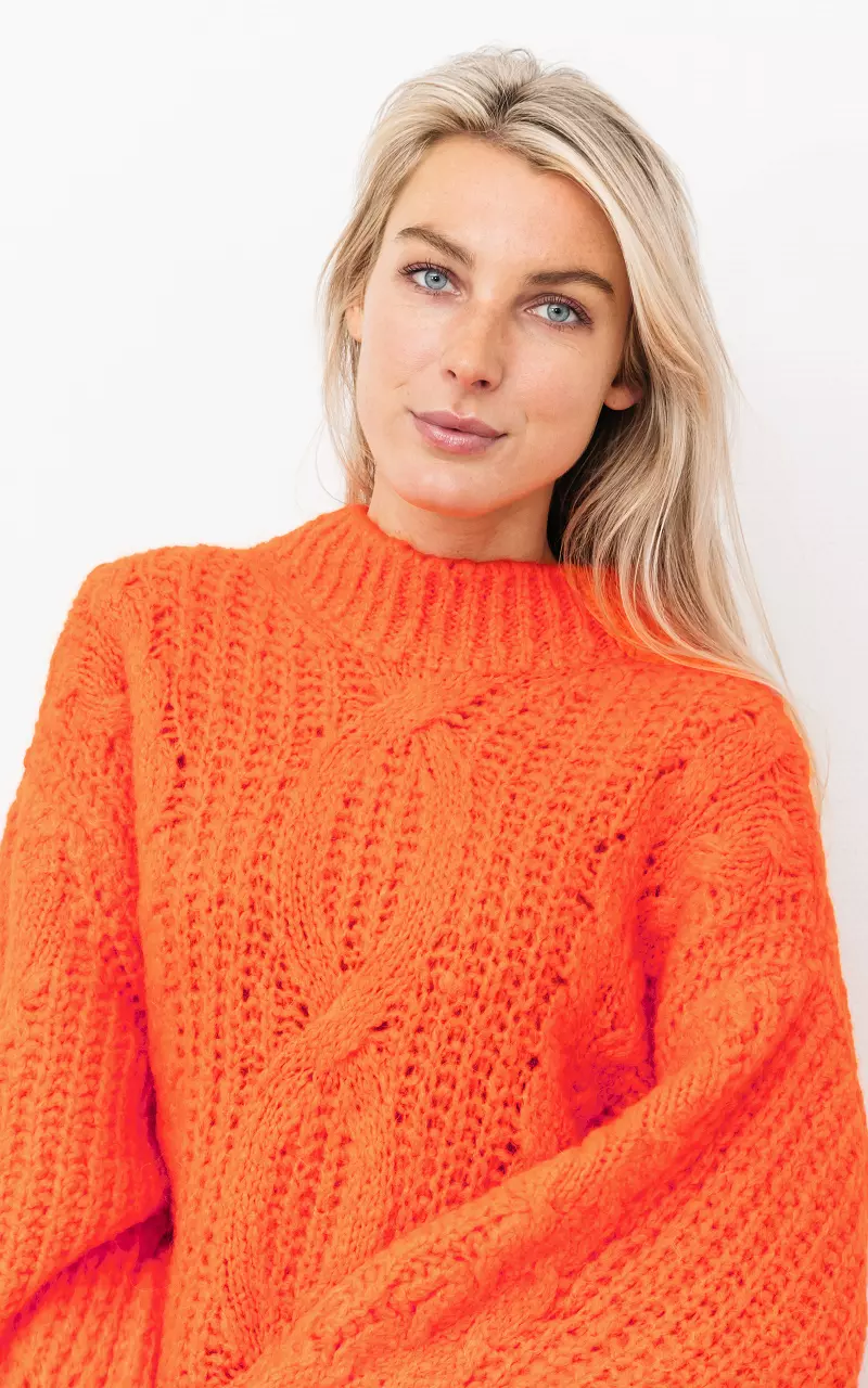 Chunky knit sweater with round neck Orange