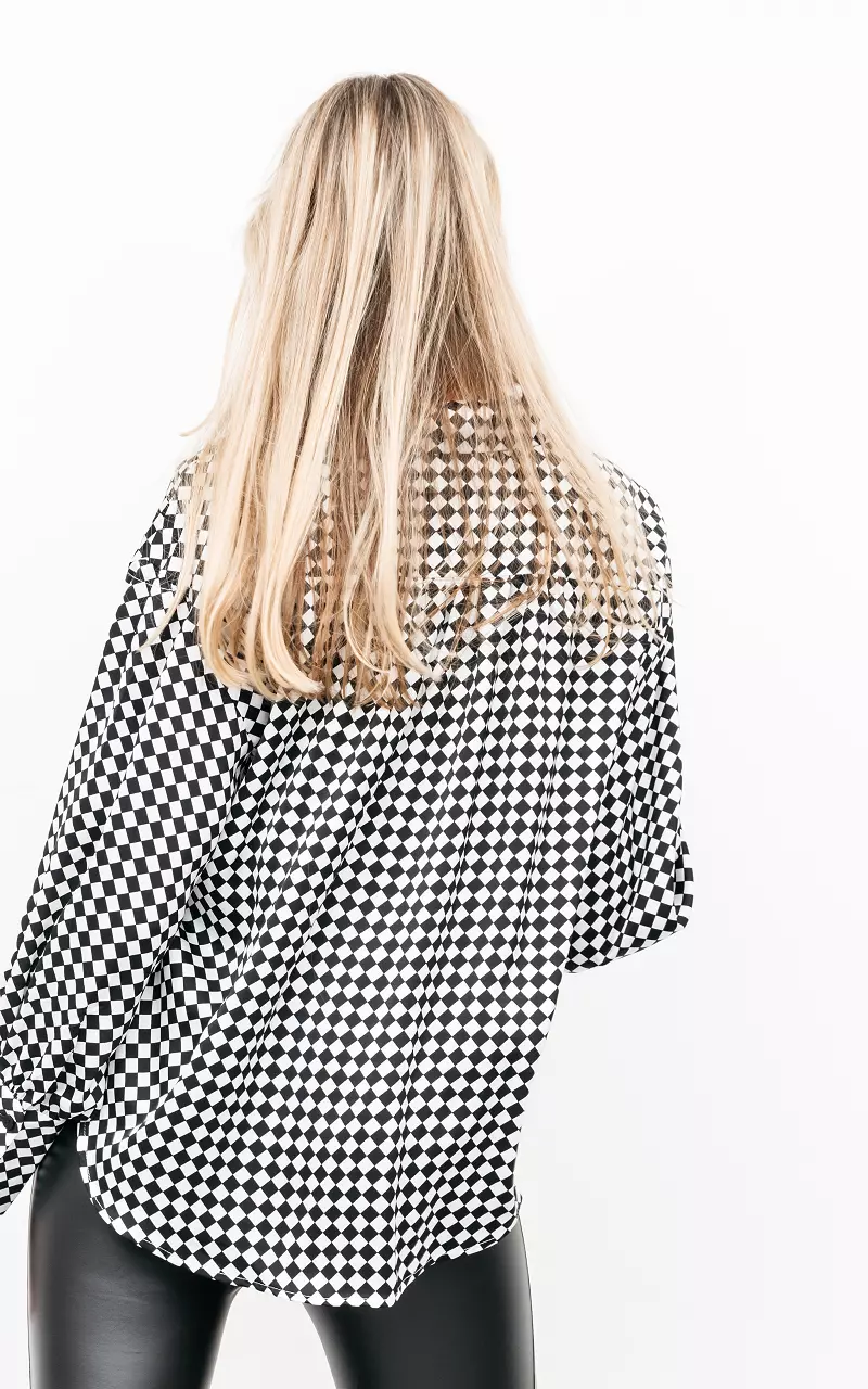 Satin-look blouse with checkered pattern Black White