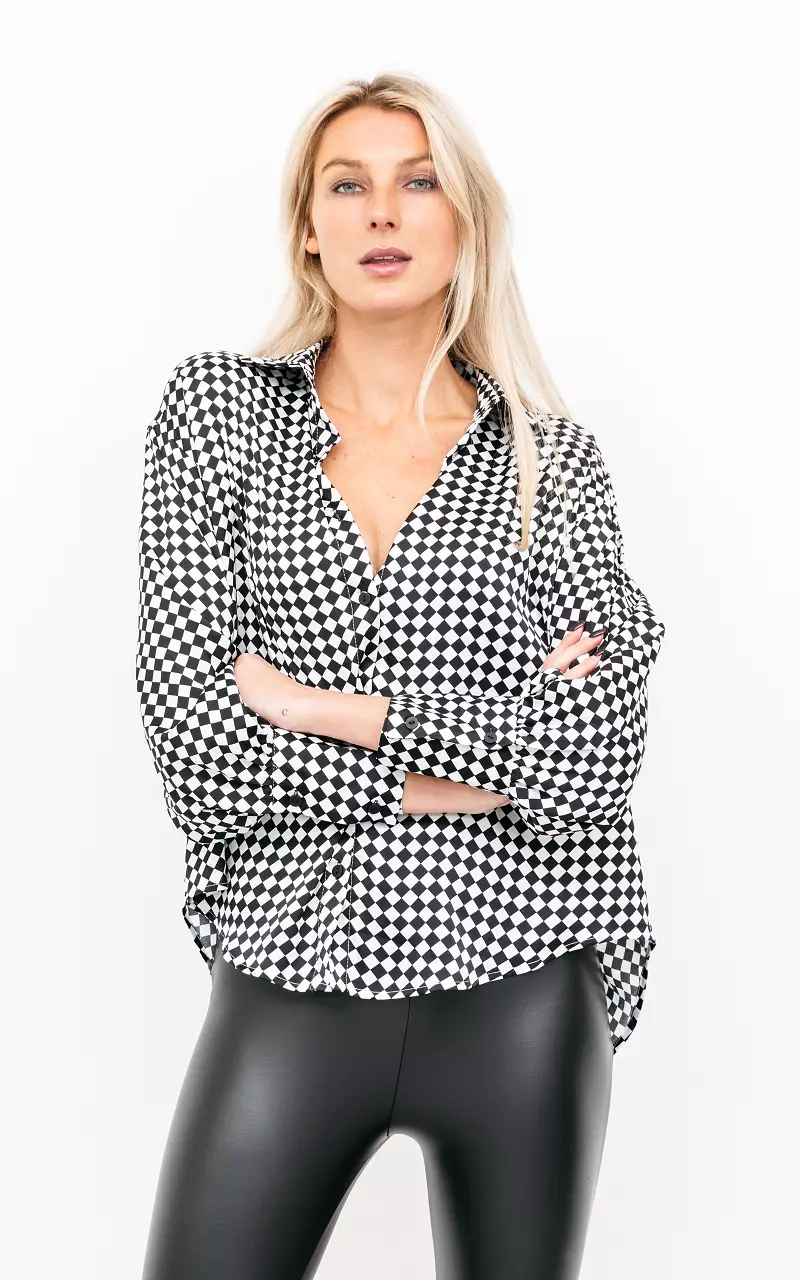 Satin-look blouse with checkered pattern Black White