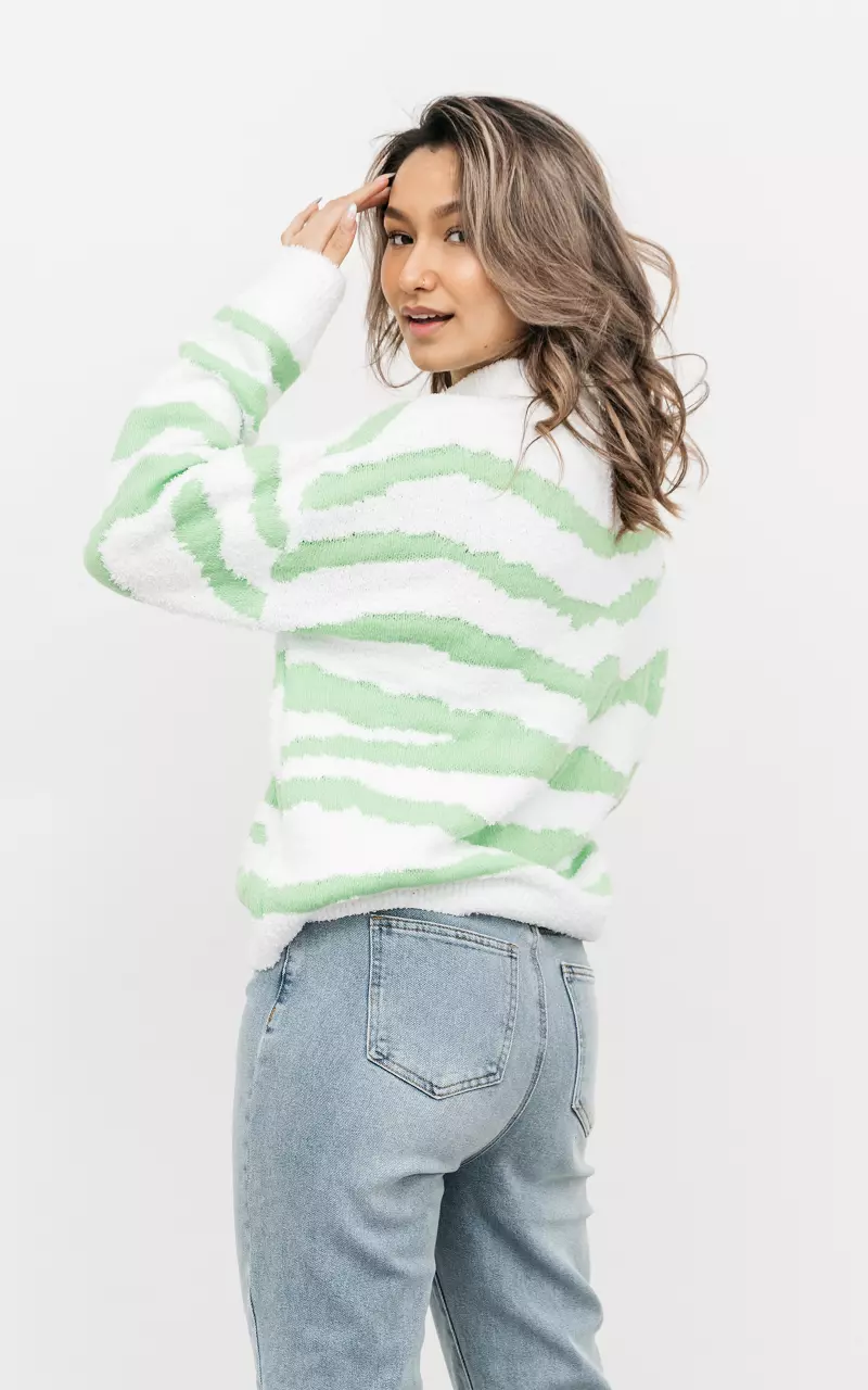 Stehkragen-Pullover mit Wellenmuster Hellgrün Weiß