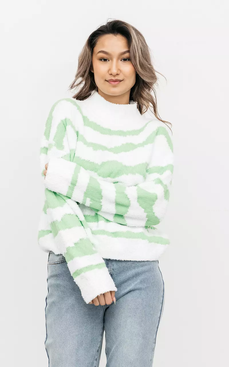 Stehkragen-Pullover mit Wellenmuster Hellgrün Weiß