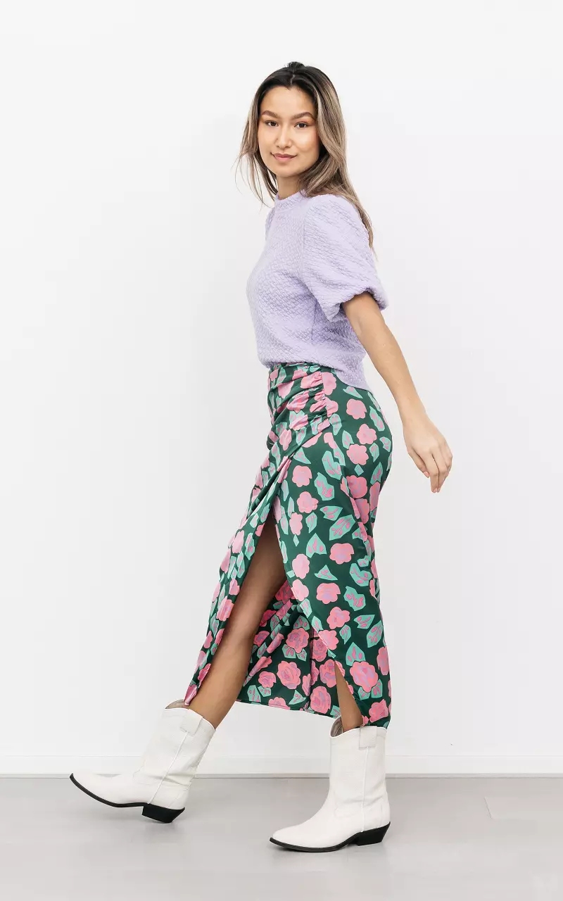 Satin-look skirt with split on the side Green Pink