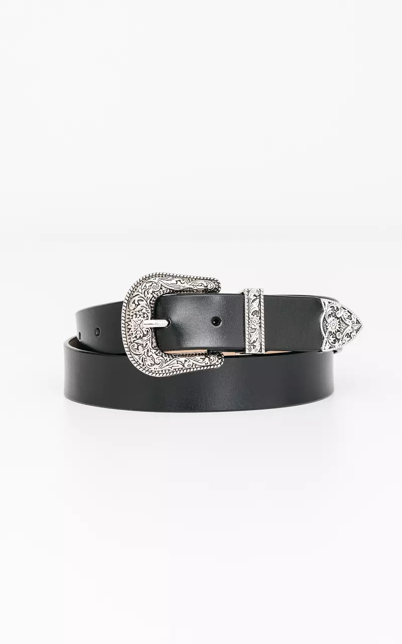 Belt with patterned clasp Black Silver