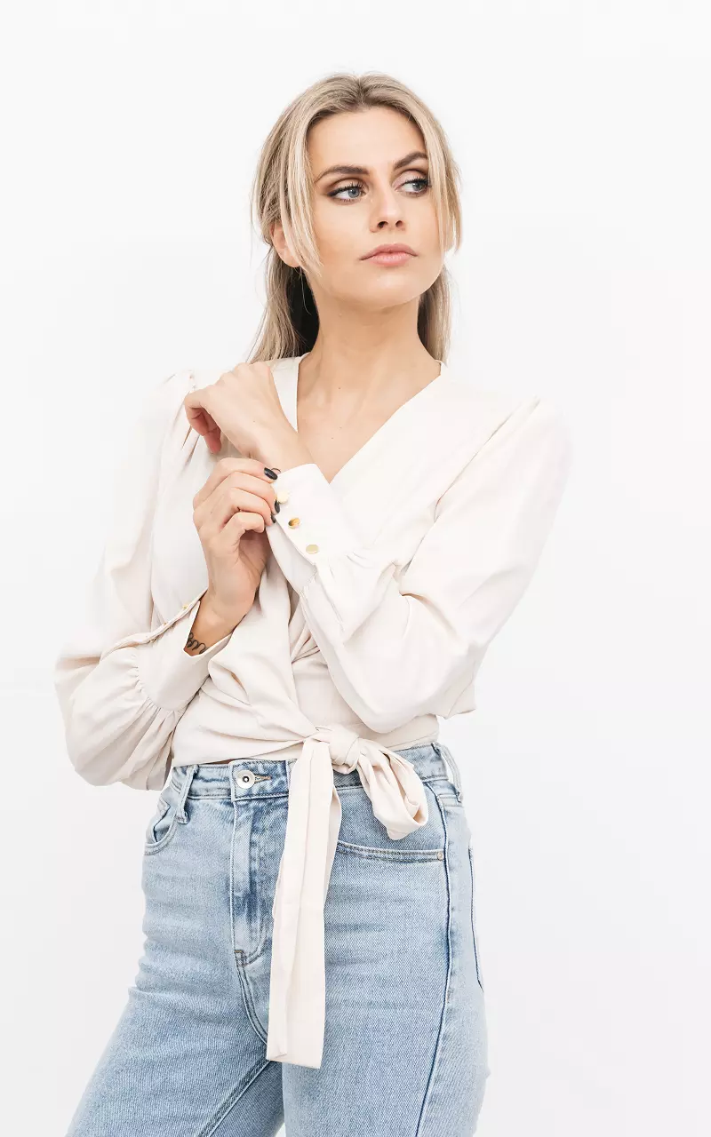 Wrap-around top with puffed sleeves Beige