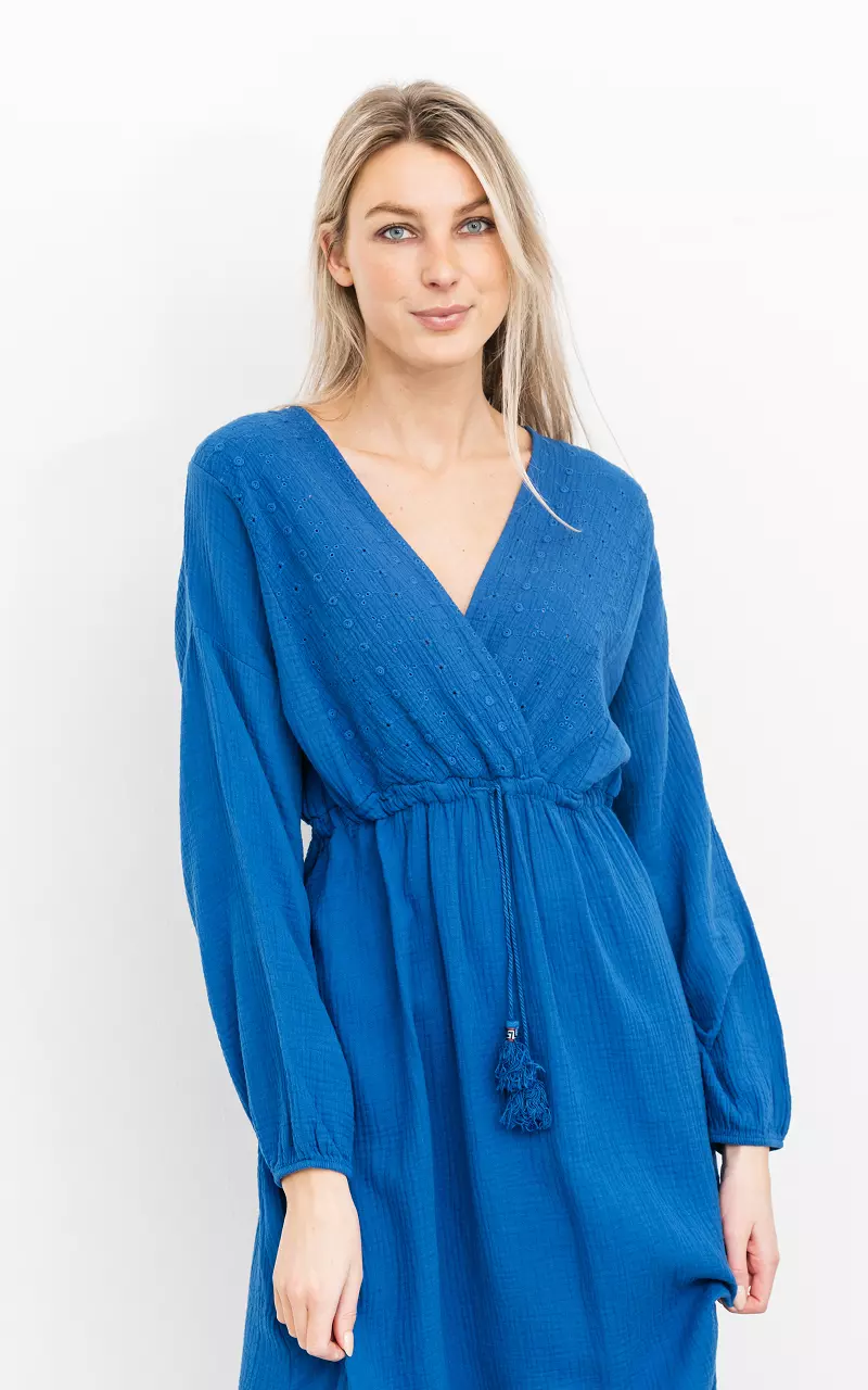Katoenen jurk met overslag v-hals Blauw