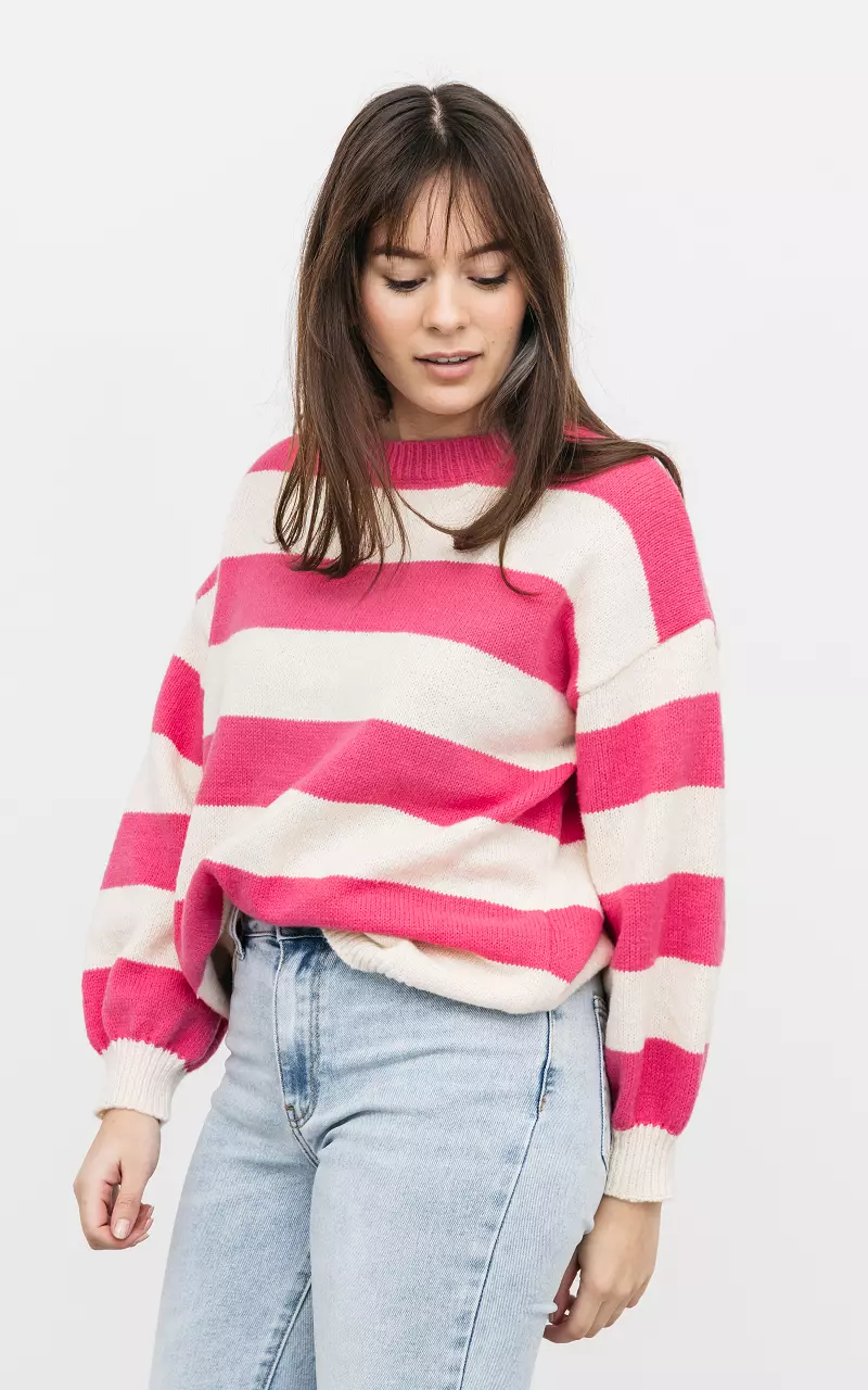 Striped sweater with round neck Cream Pink