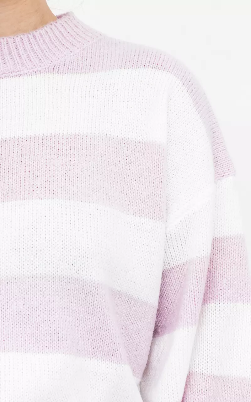 Striped sweater with round neck White Lilac