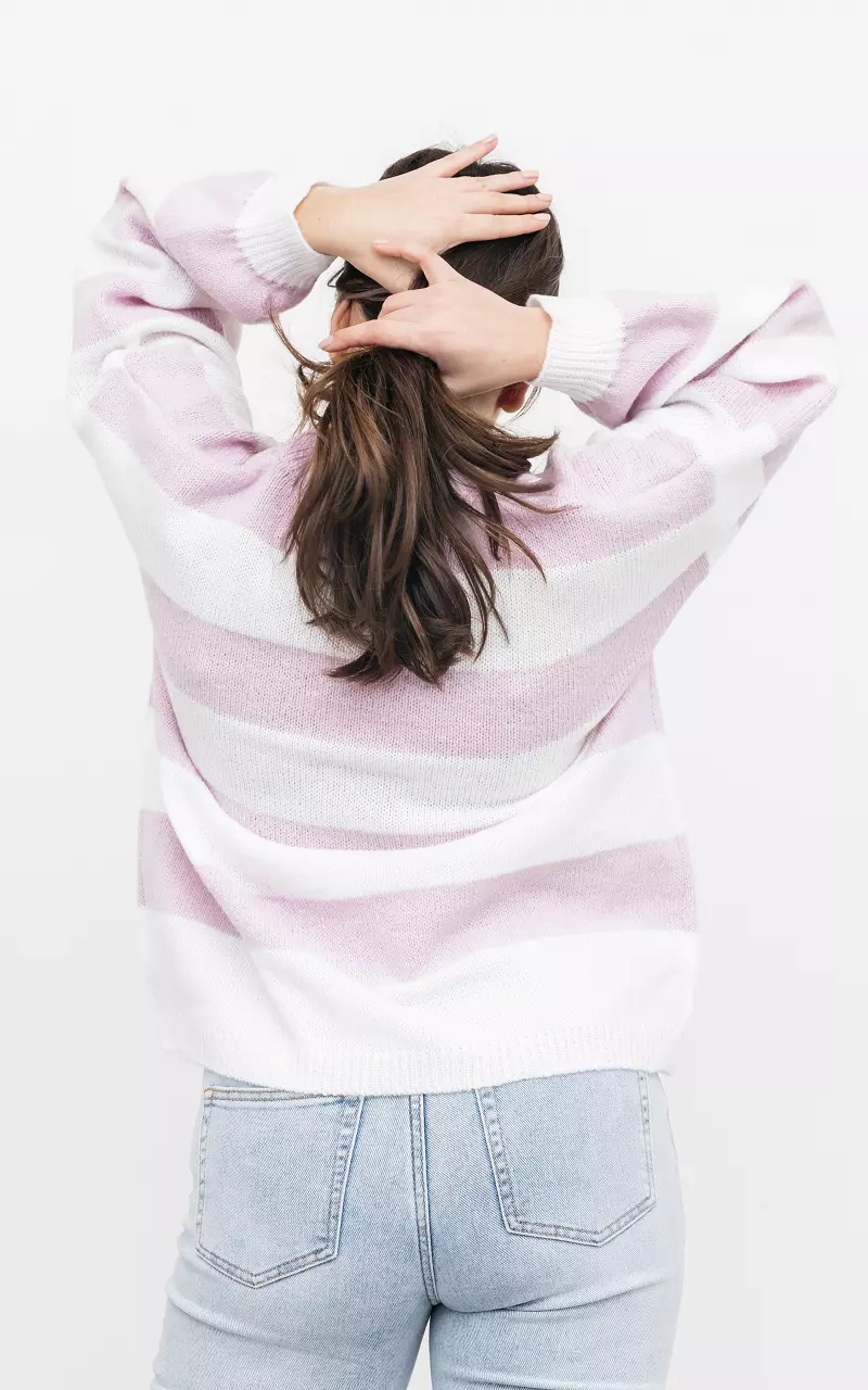 Striped sweater with round neck White Lilac