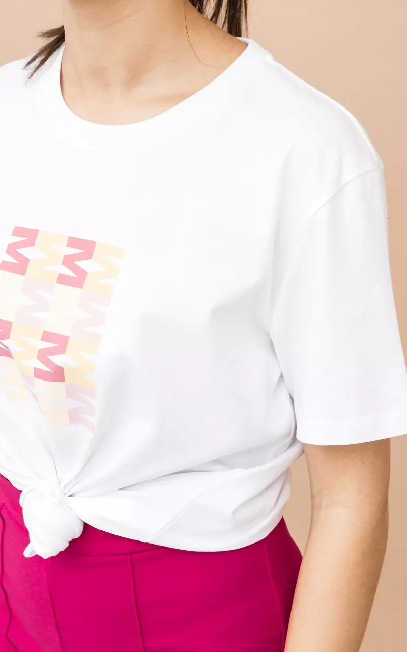 Katoenen shirt met ronde hals Wit Roze