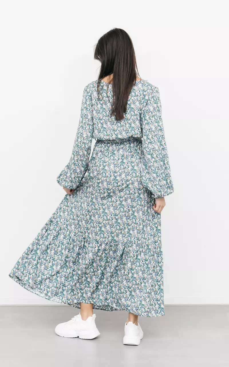 Maxi jurk met bloemetjes print Groen Lichtblauw