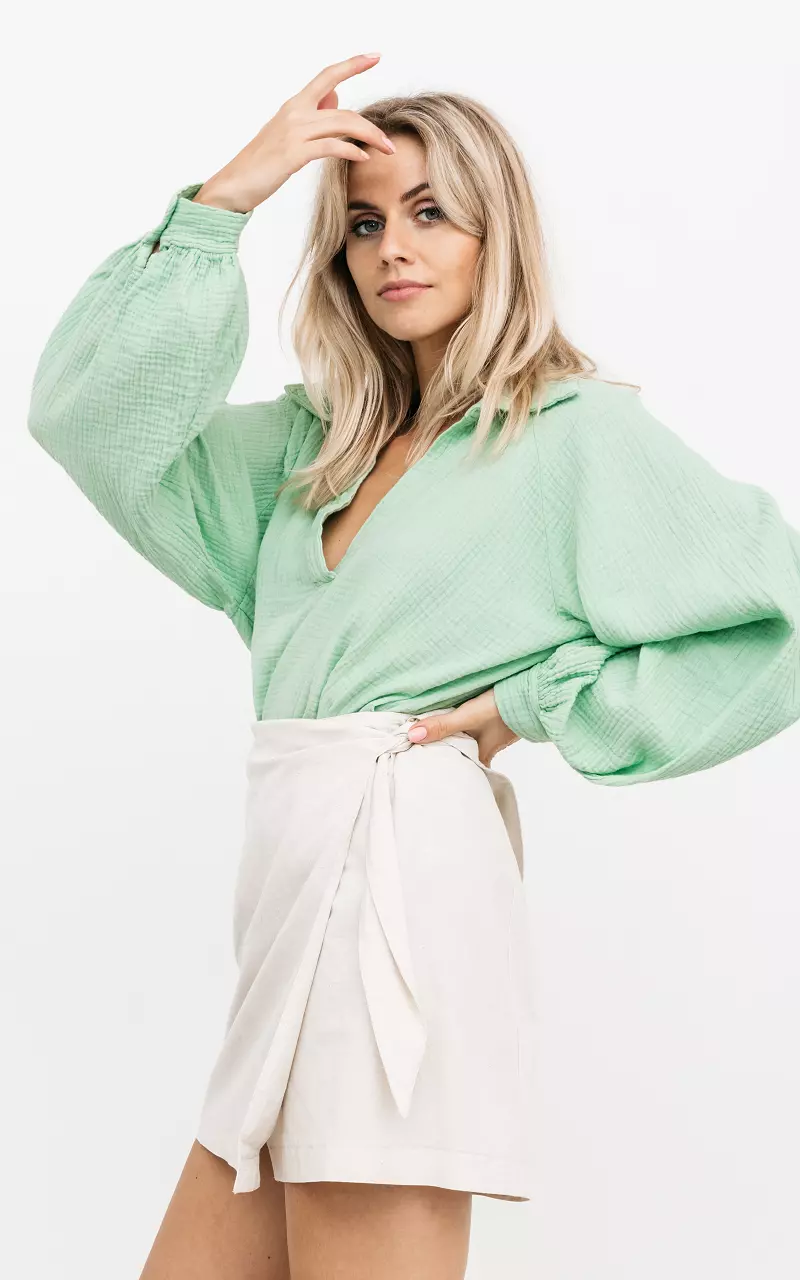 Katoenen blouse met v-hals Groen