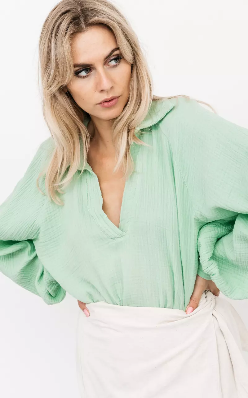 Cotton blouse with v-neck Green