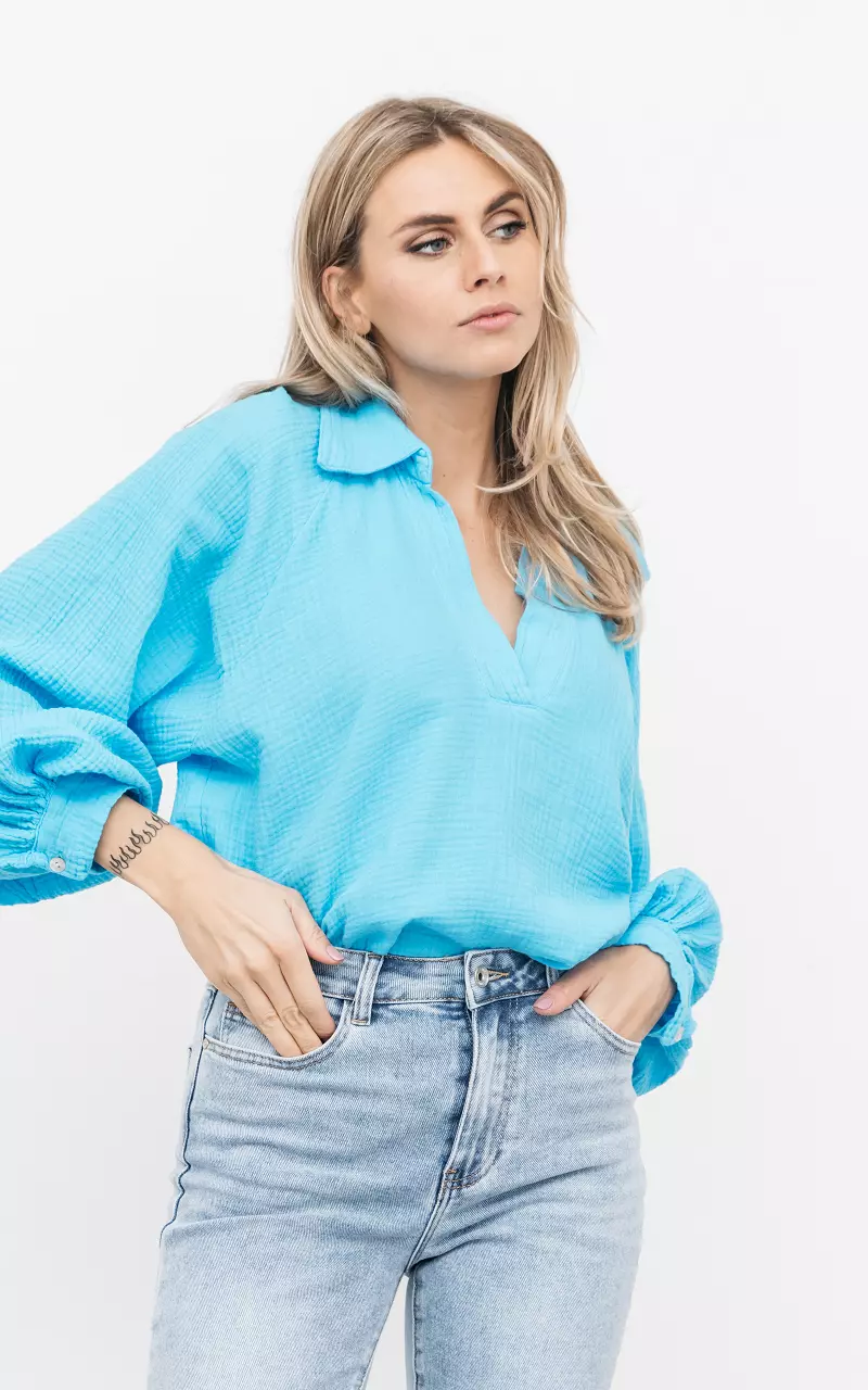 Katoenen blouse met v-hals Lichtblauw