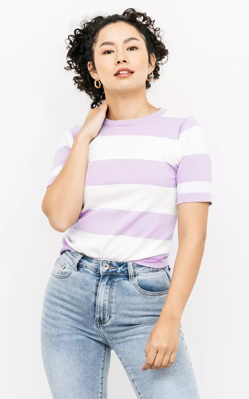 Striped t-shirt with round neck Lilac White