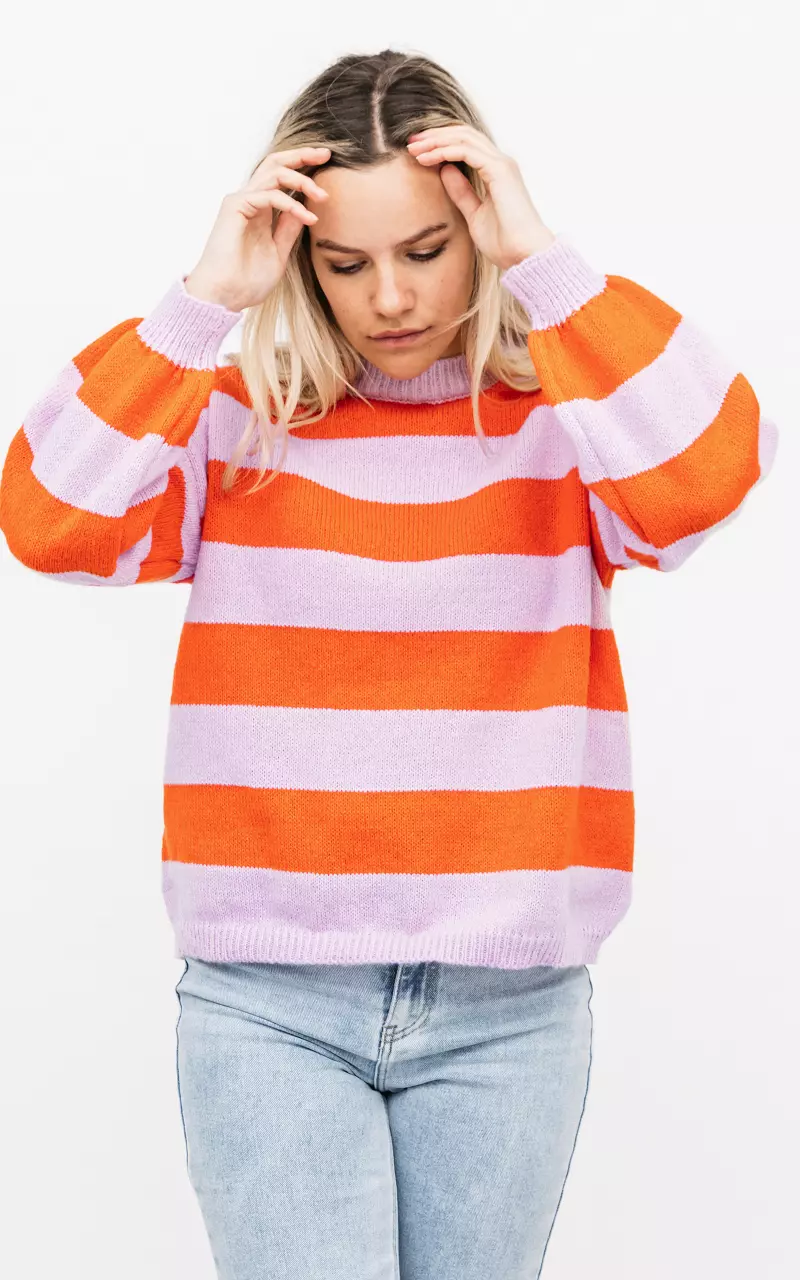 Striped sweater with round neck Lilac Red