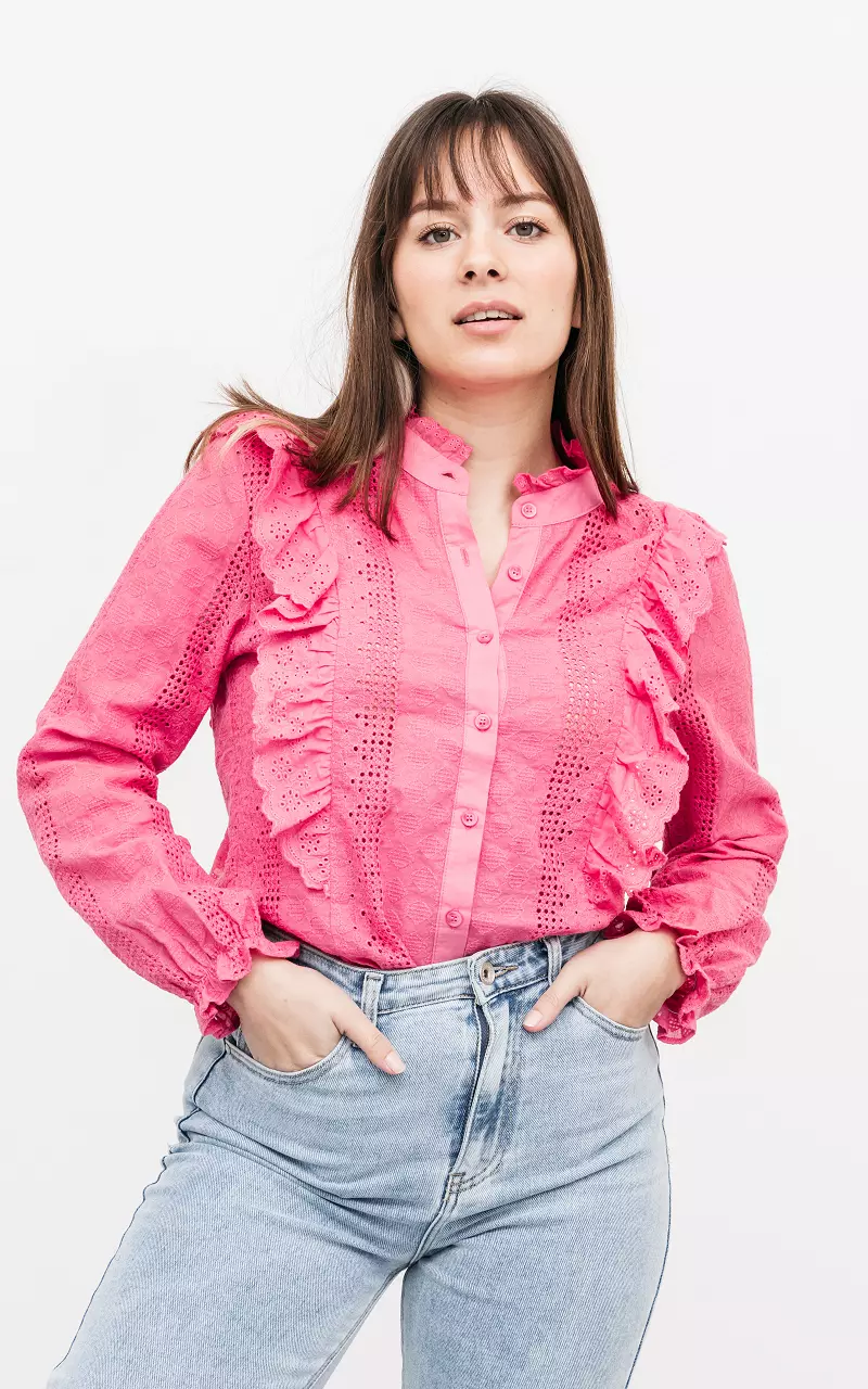 Katoenen blouse met ruches Roze