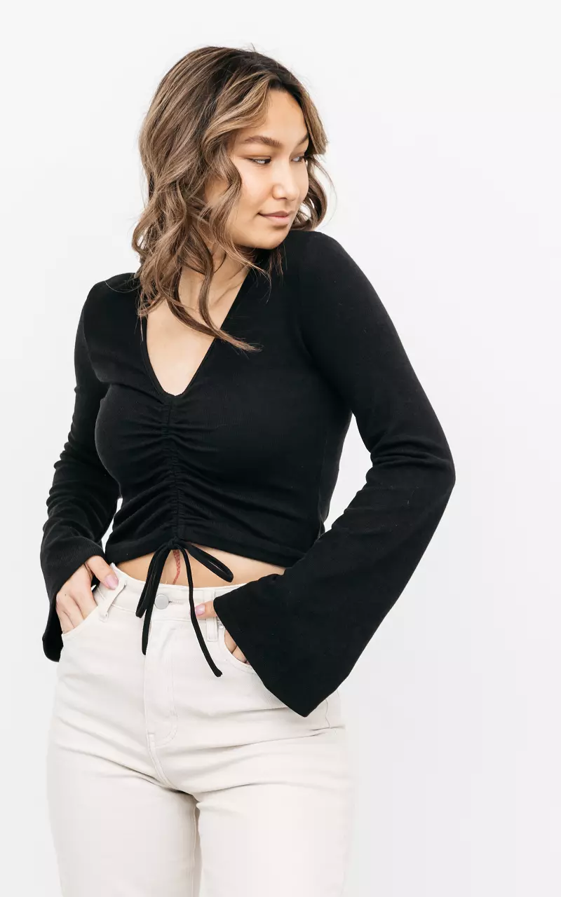 V-neck top with flared sleeves Black