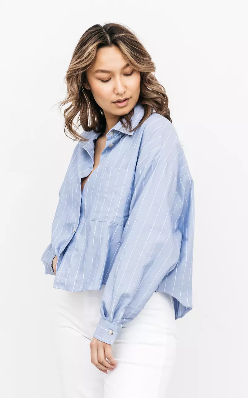 Oversized korte blouse Blauw Wit