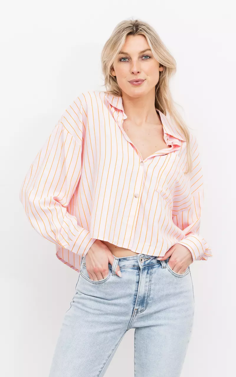 Kurze oversized Bluse mit Streifen Pink Orange