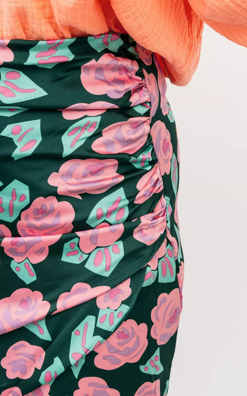 Satin look rok met bloemenprint Groen Rood