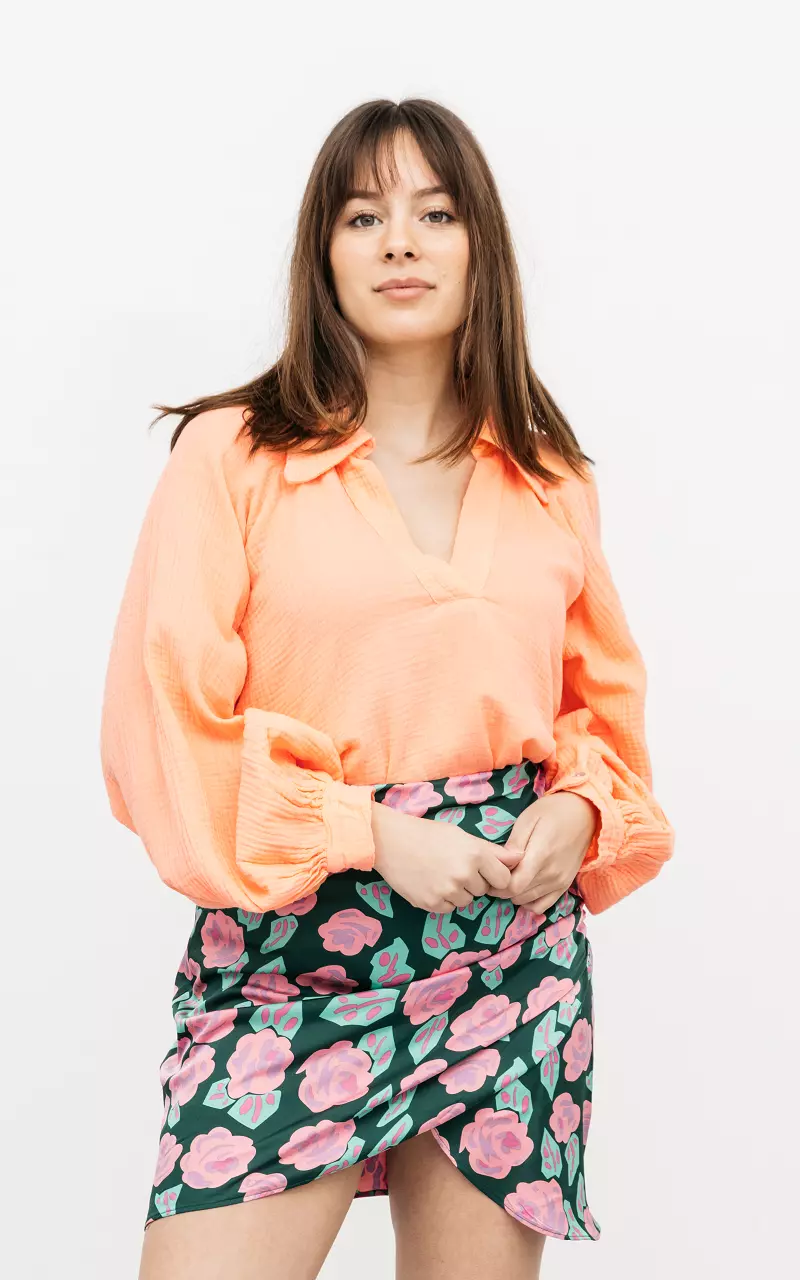 Cotton blouse with v-neck Orange