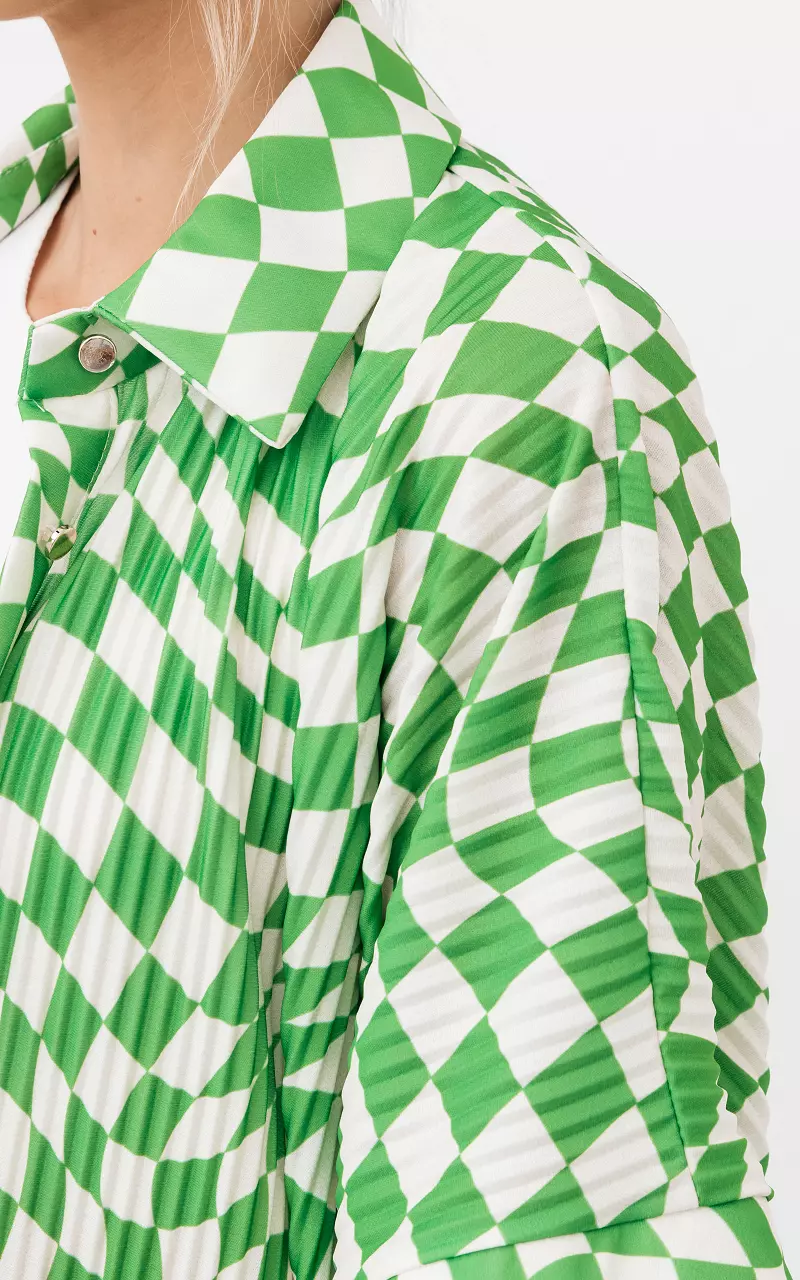 Checkered pleated blouse White Light Green