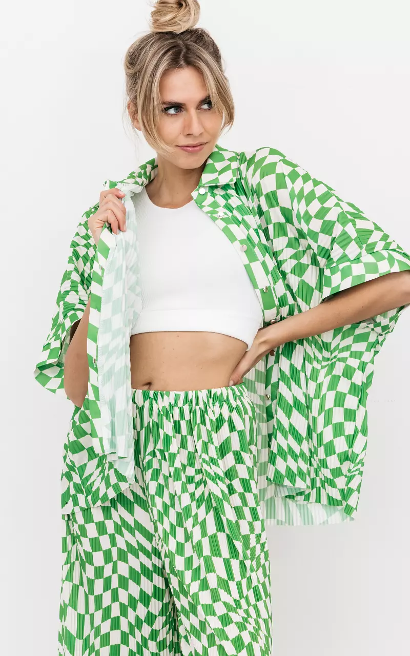 Checkered pleated blouse White Light Green