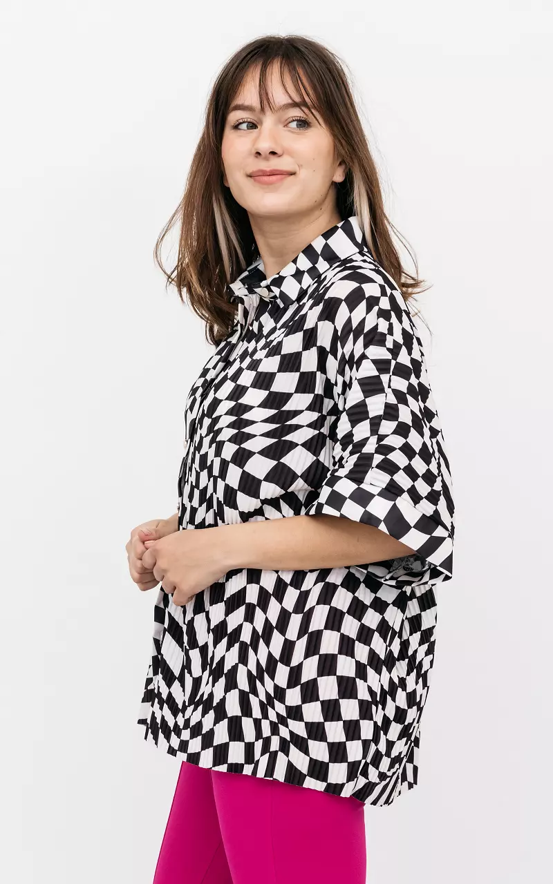 Plissee-Bluse mit Print Weiß Schwarz
