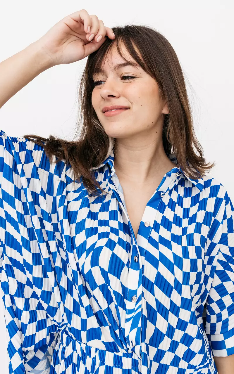 Checkered pleated blouse White Blue