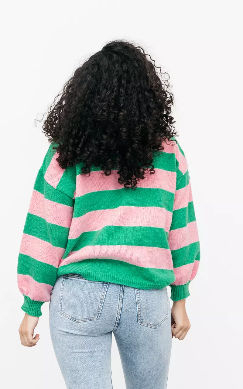 Striped sweater with round neck Green Light Pink