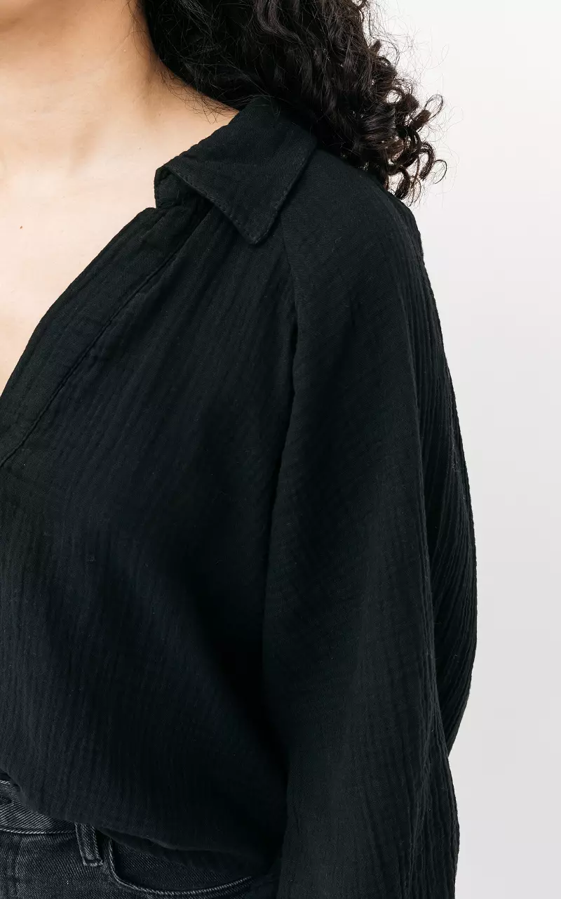 Katoenen blouse met v-hals Zwart