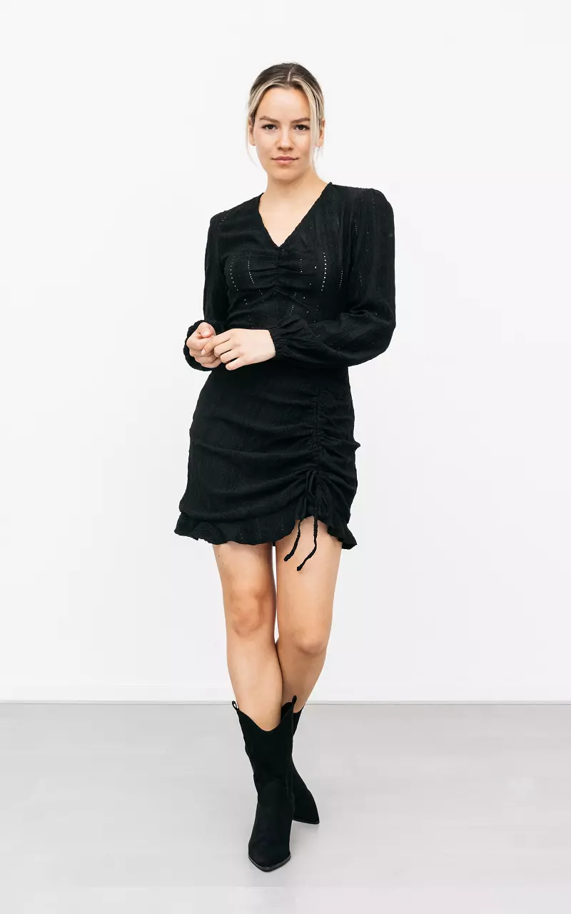 V-hals jurk met plooieffect Zwart