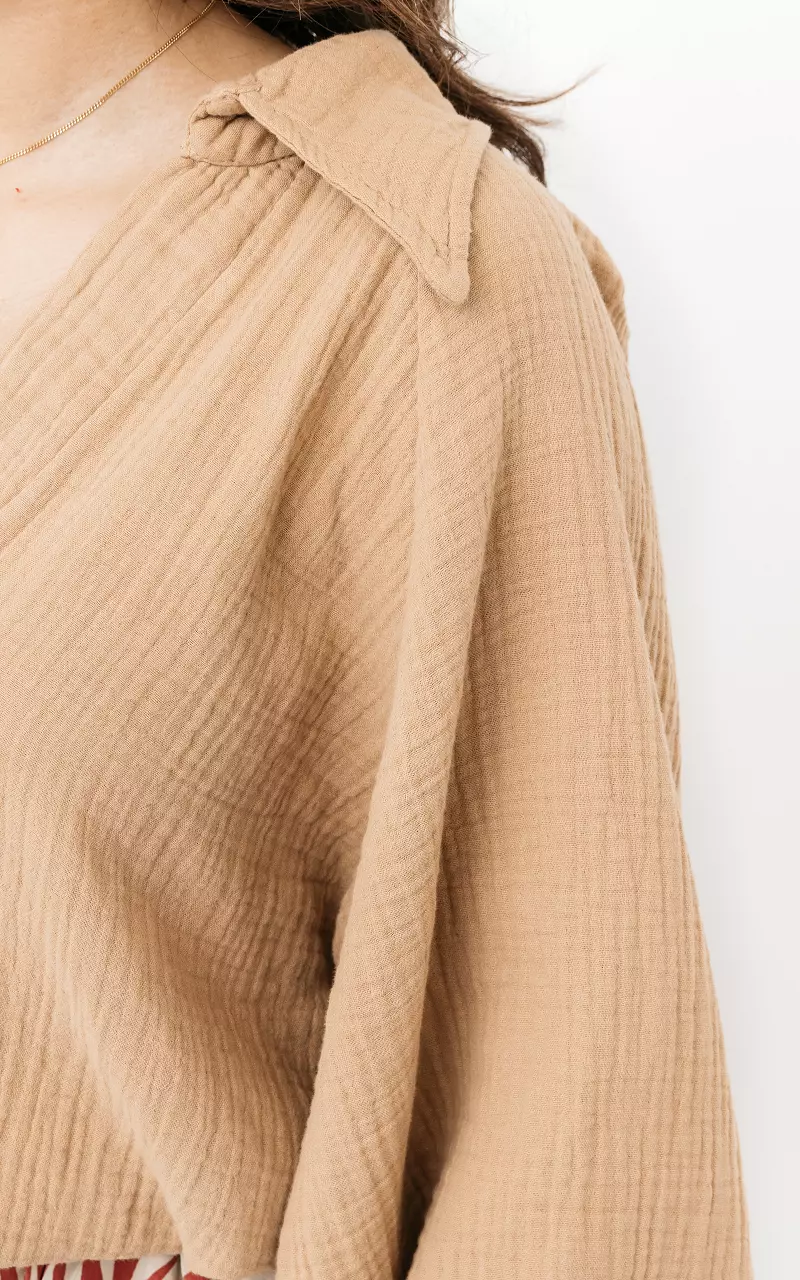 Cotton blouse with v-neck Light Brown
