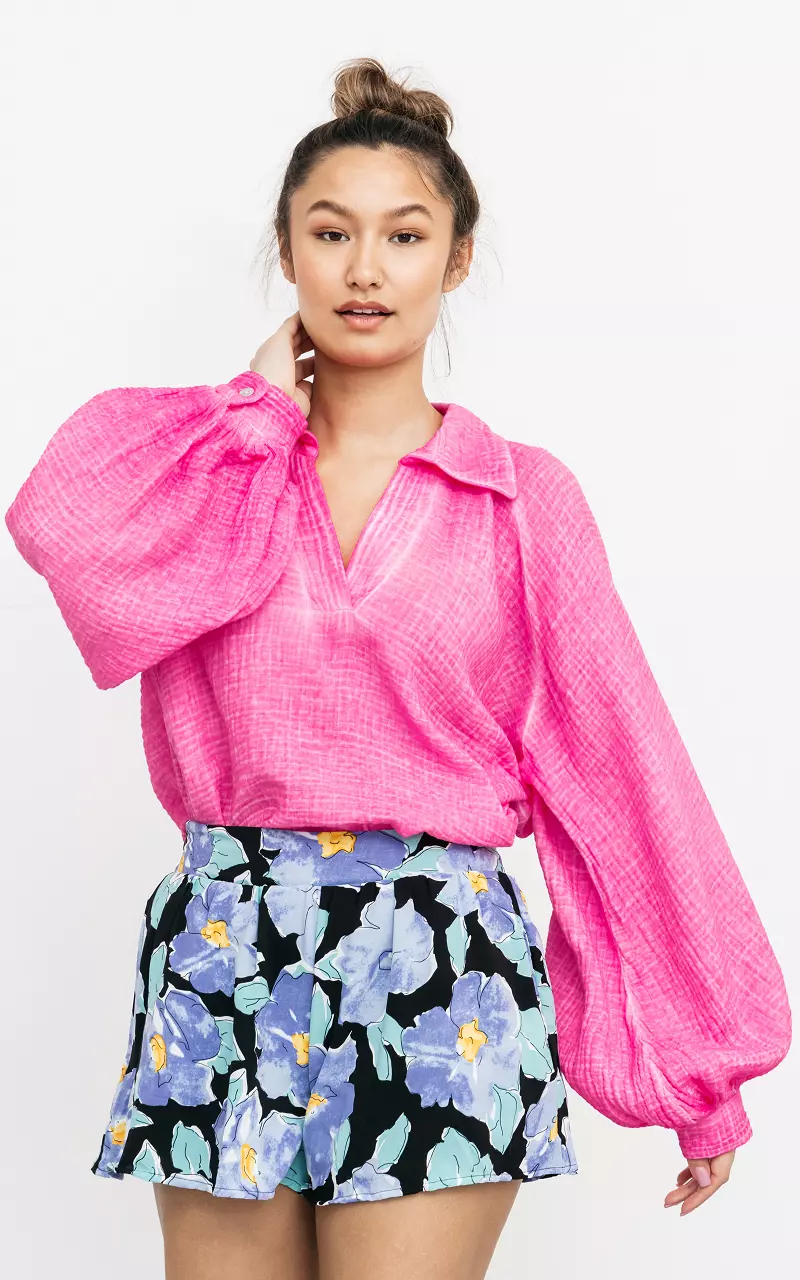 Cotton blouse with v-neck Neon Pink