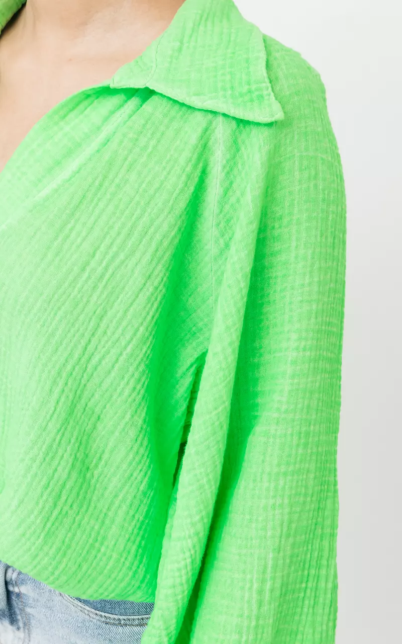 Cotton blouse with v-neck Neon Green