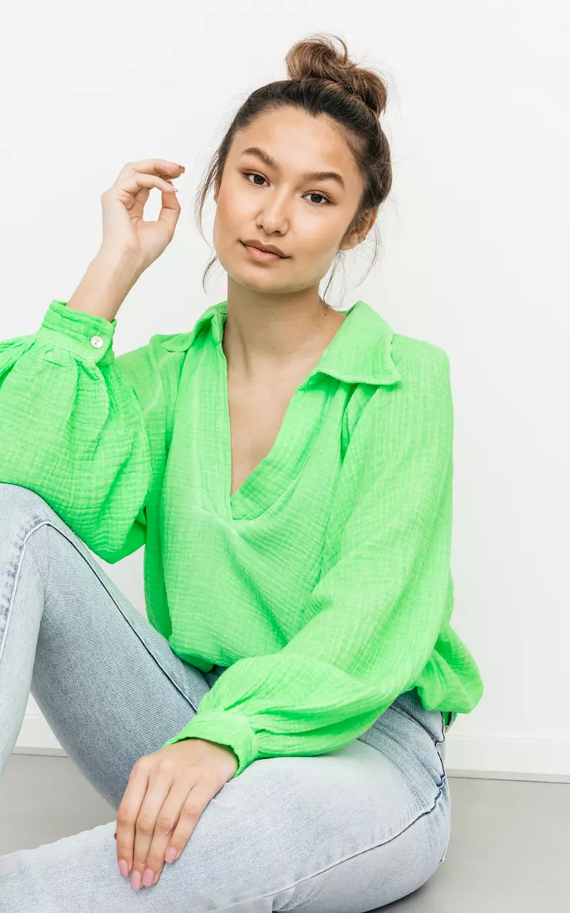 Cotton blouse with v-neck Neon Green