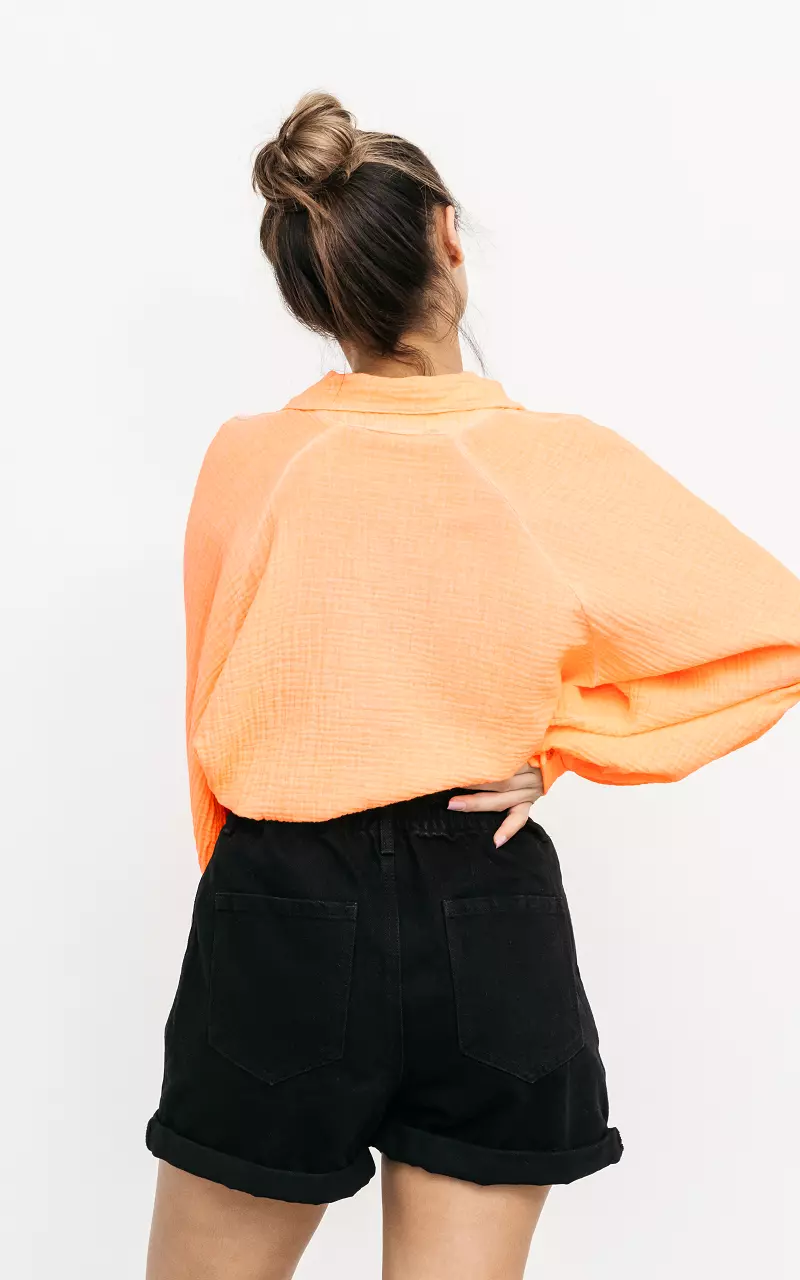 Cotton blouse with v-neck Neon Orange