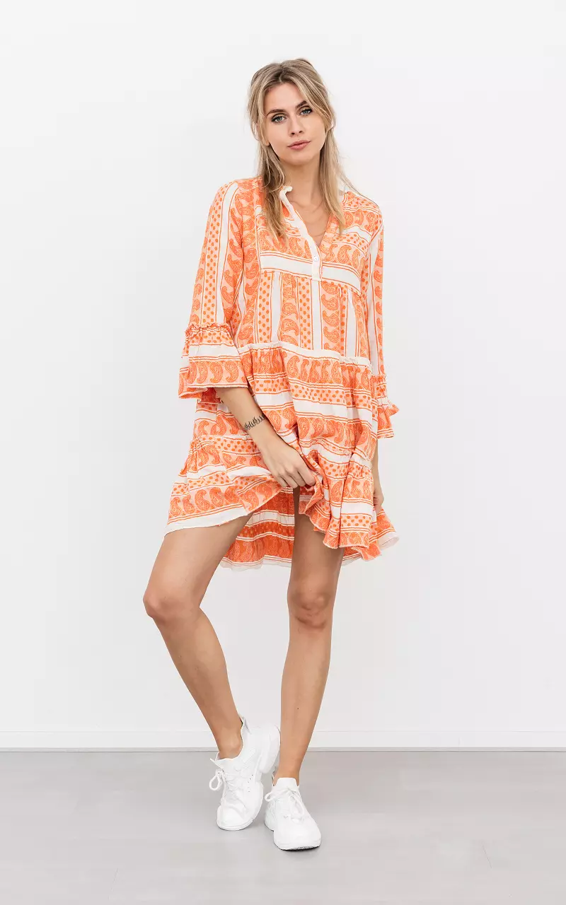 Cotton wide dress with print Orange White