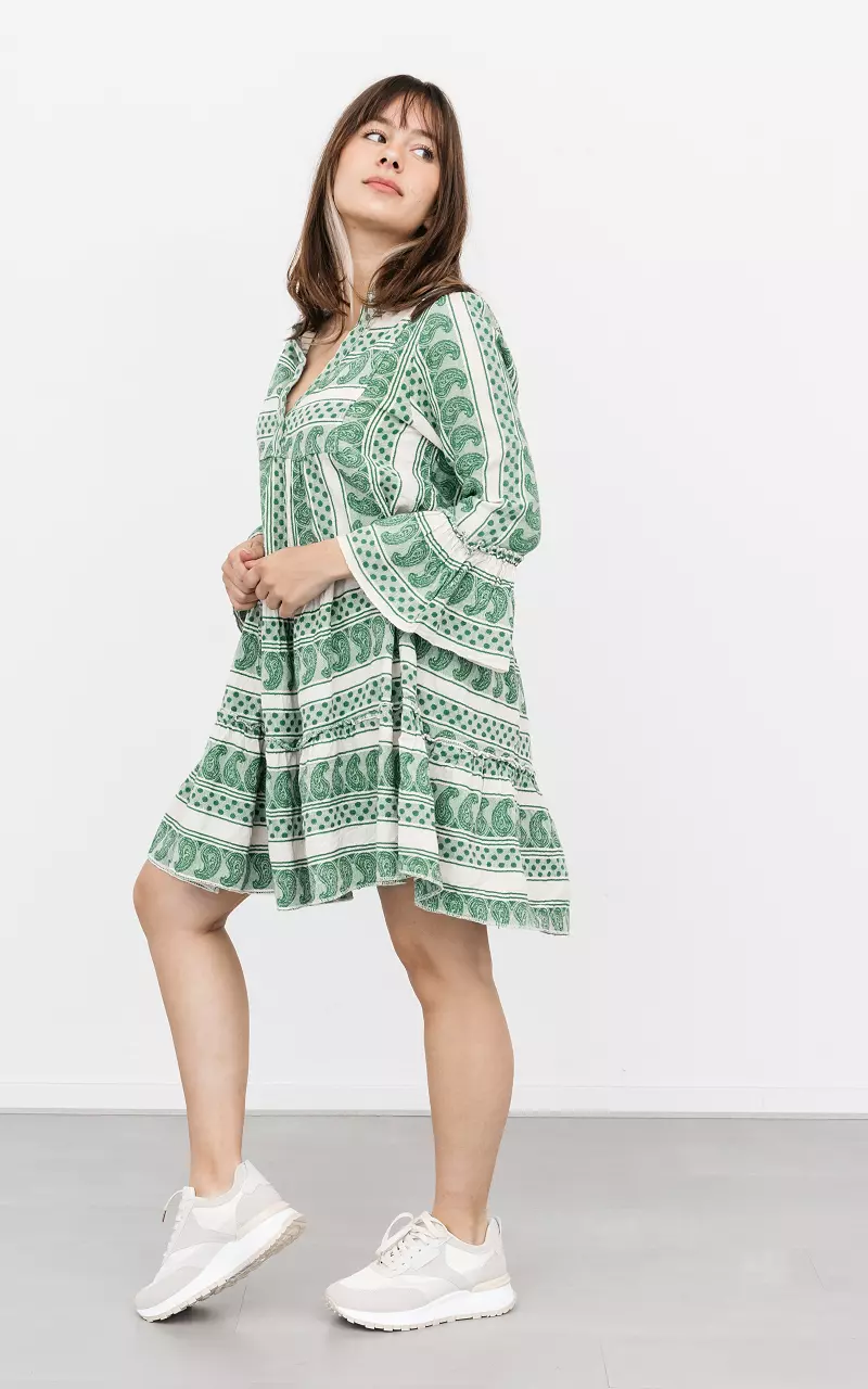 Cotton wide dress with print Green White