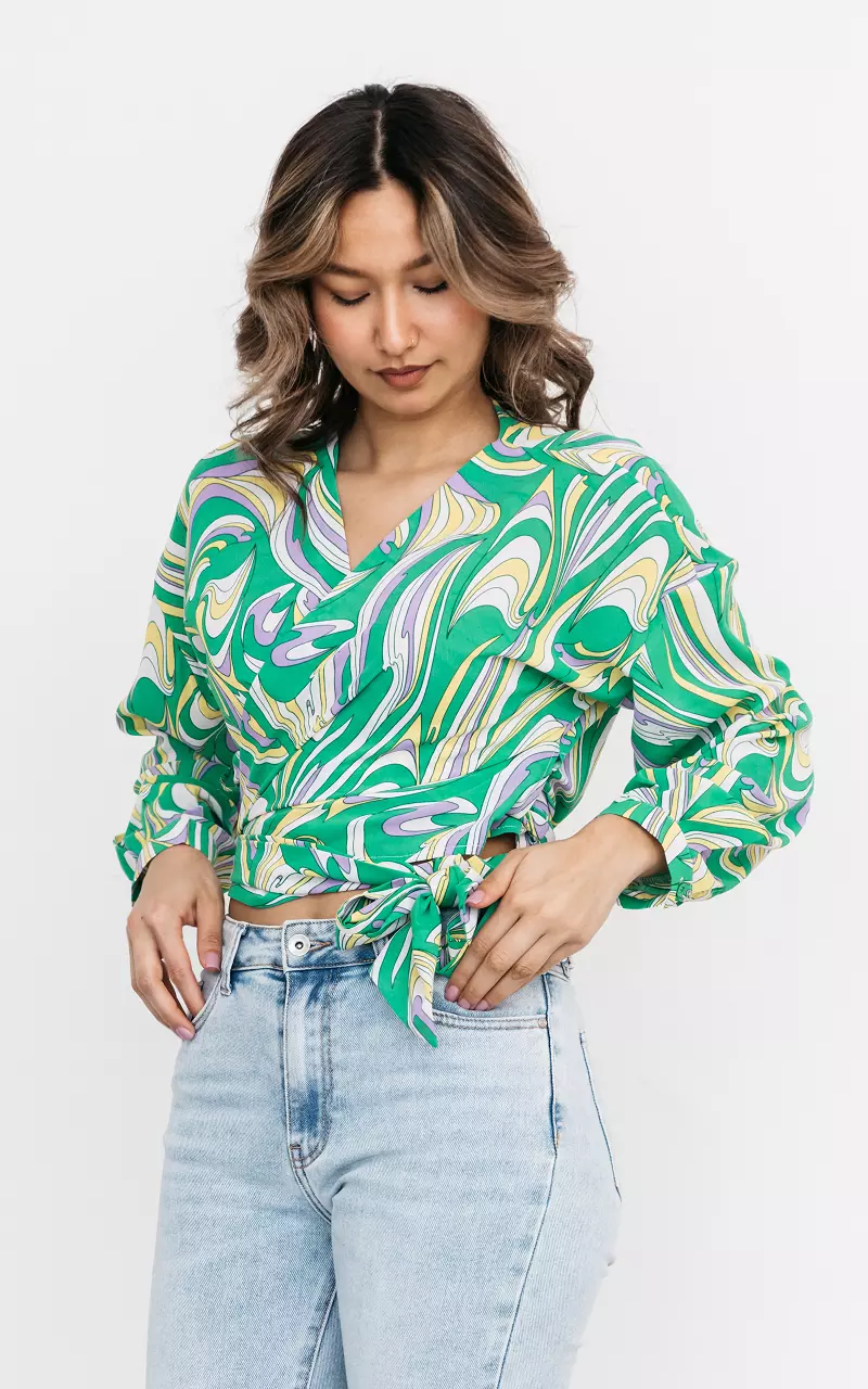 Tied wrap-around top with print Green Yellow