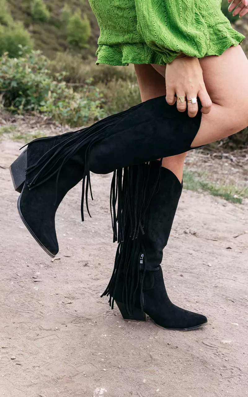 High cowboy boots with frills Black