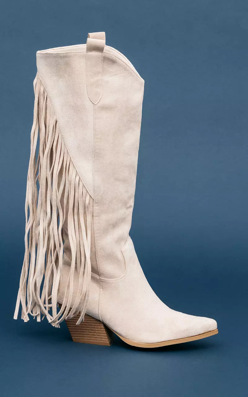 High cowboy boots with frills Beige