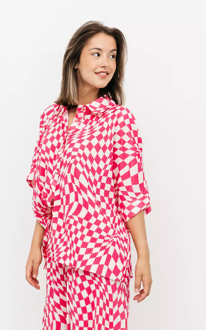 Checkered pleated blouse White Pink