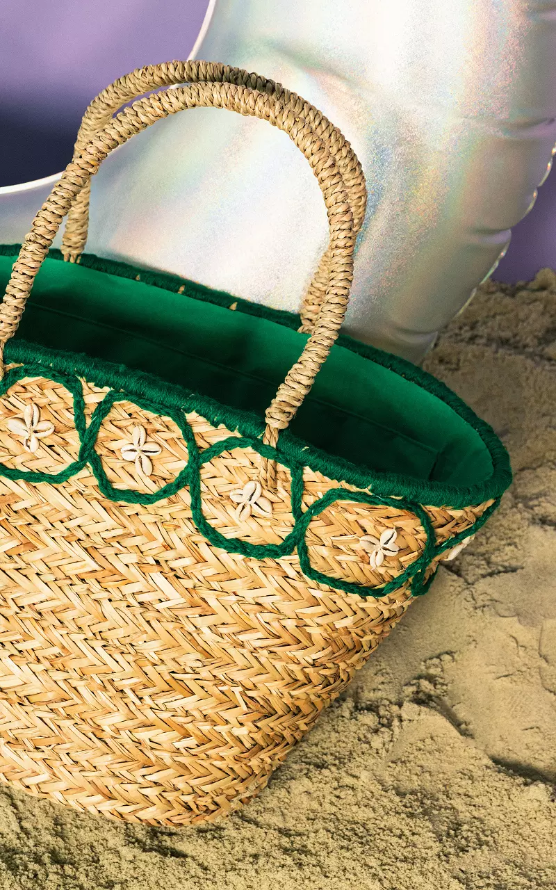 Straw bag with shells Light Brown Green