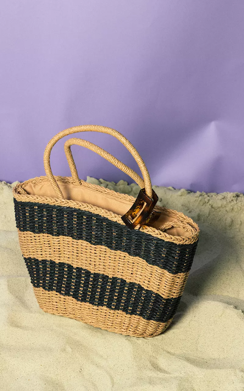 Straw bag with long handle Light Brown Black