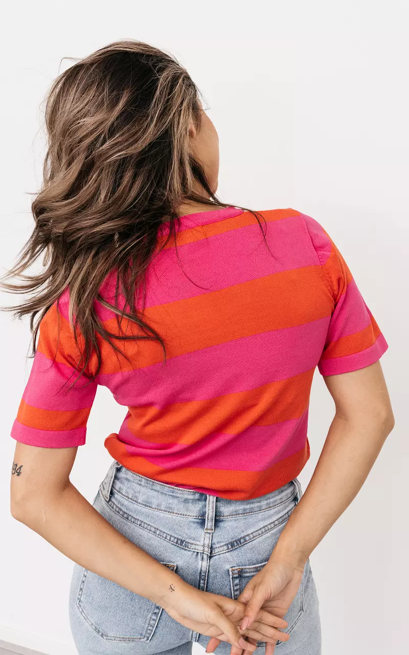 Gestreept t-shirt met ronde hals Roze Oranje