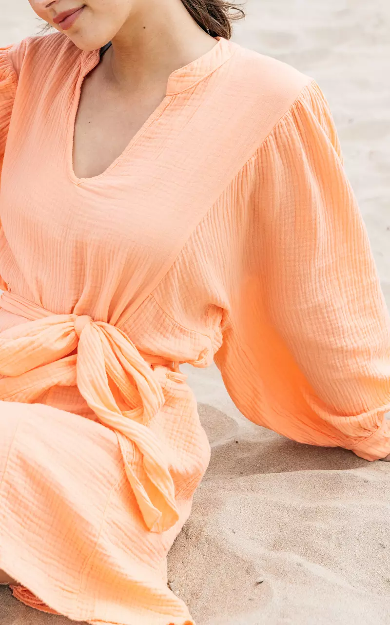 Cotton dress with waist tie Orange
