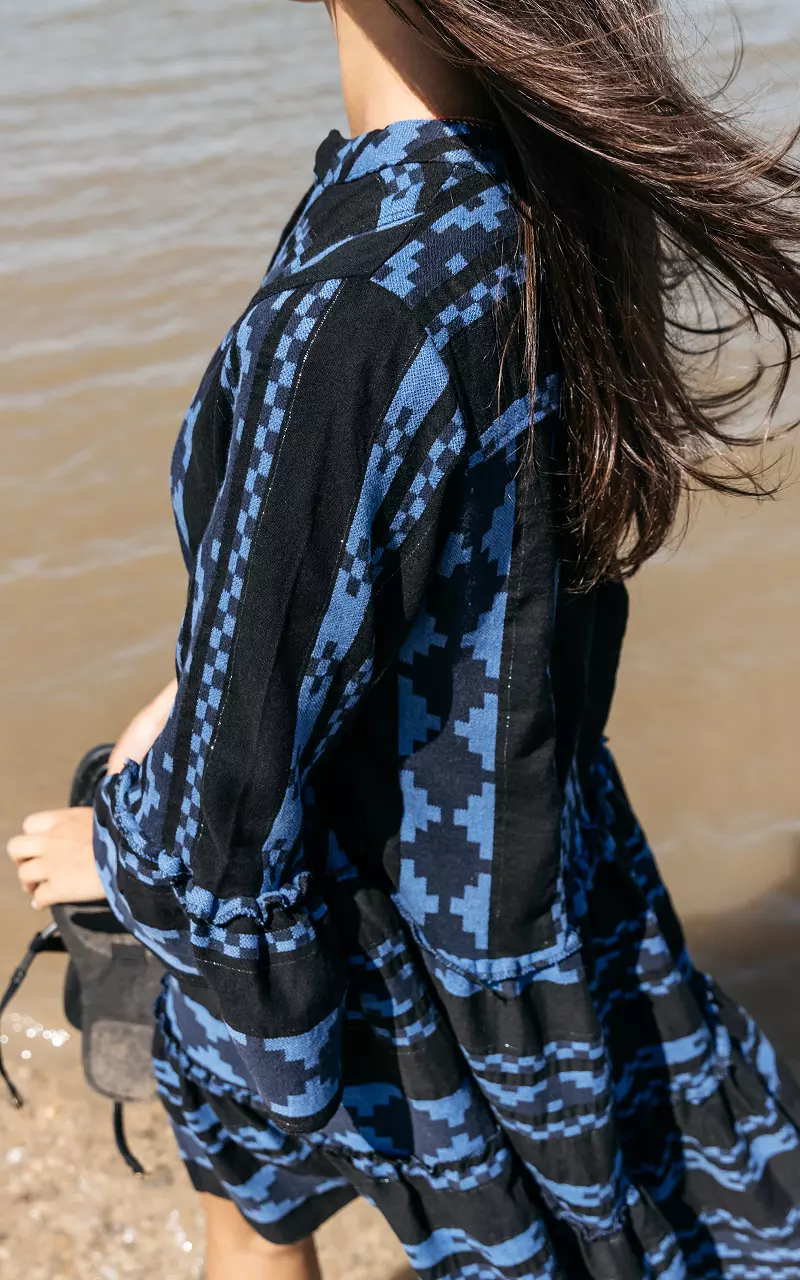 Katoenen wijd uitlopende jurk Zwart Blauw